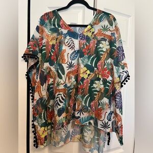 Lulla Collection Tropical Print Sheer Kimono Cover-Up One Size Pom Trim